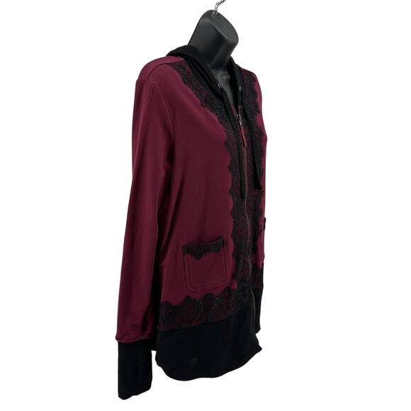 Evy's Tree Hoodie WMNS L The Jacquelin Maroon Black Zip Up Lace Trim Long Sleeve - Picture 2 of 8